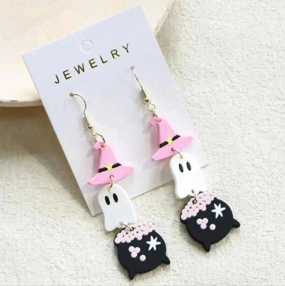 Cute pink white ghost cauldron Halloween fall dangle earrings women's accessorie